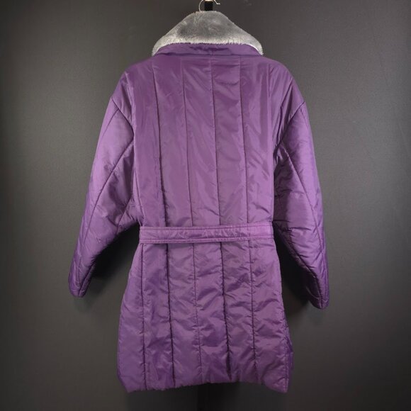 Vintage Puffer Coat Womens L 80s Purple Quilted Faux Fur Collar Belted Winter - Picture 4 of 4